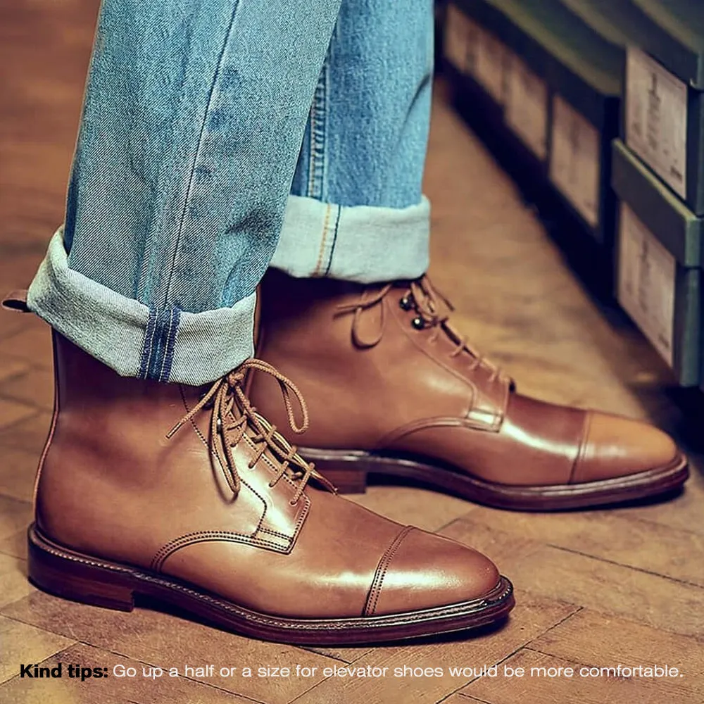 7CM/2.76 Inches CMR CHAMARIPA Men’s Elevator Boots - Premium Yellow Brown Shell Cordovan Leather Cap Toe Derby