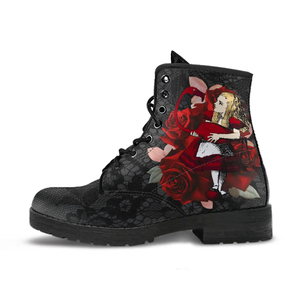 Combat Boots - Alice in Wonderland Gifts #35 Red Series, Black Lace Print | Birthday Gift Idea, Black Hipster Boots, Custom Shoes