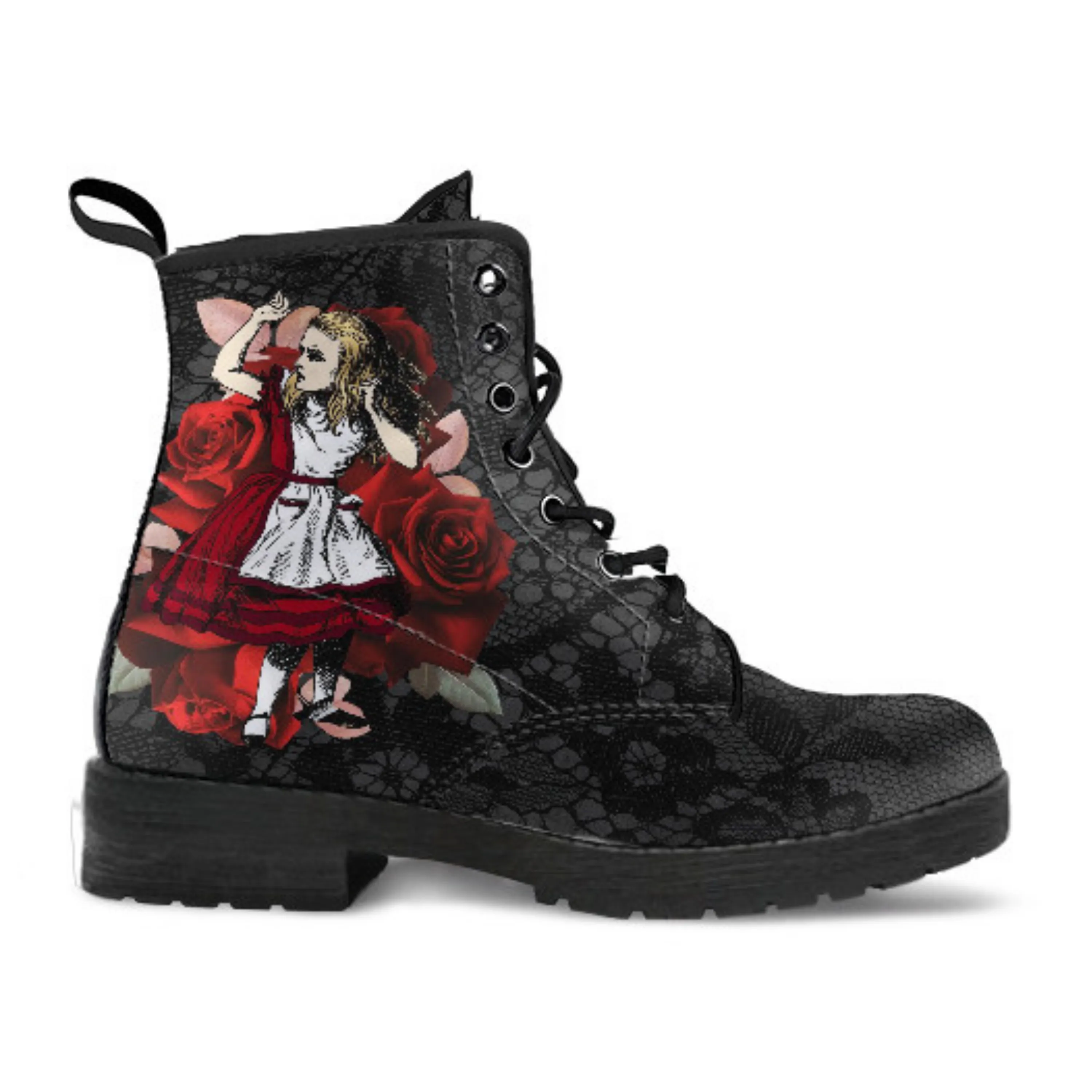 Combat Boots - Alice in Wonderland Gifts #35 Red Series, Black Lace Print | Birthday Gift Idea, Black Hipster Boots, Custom Shoes