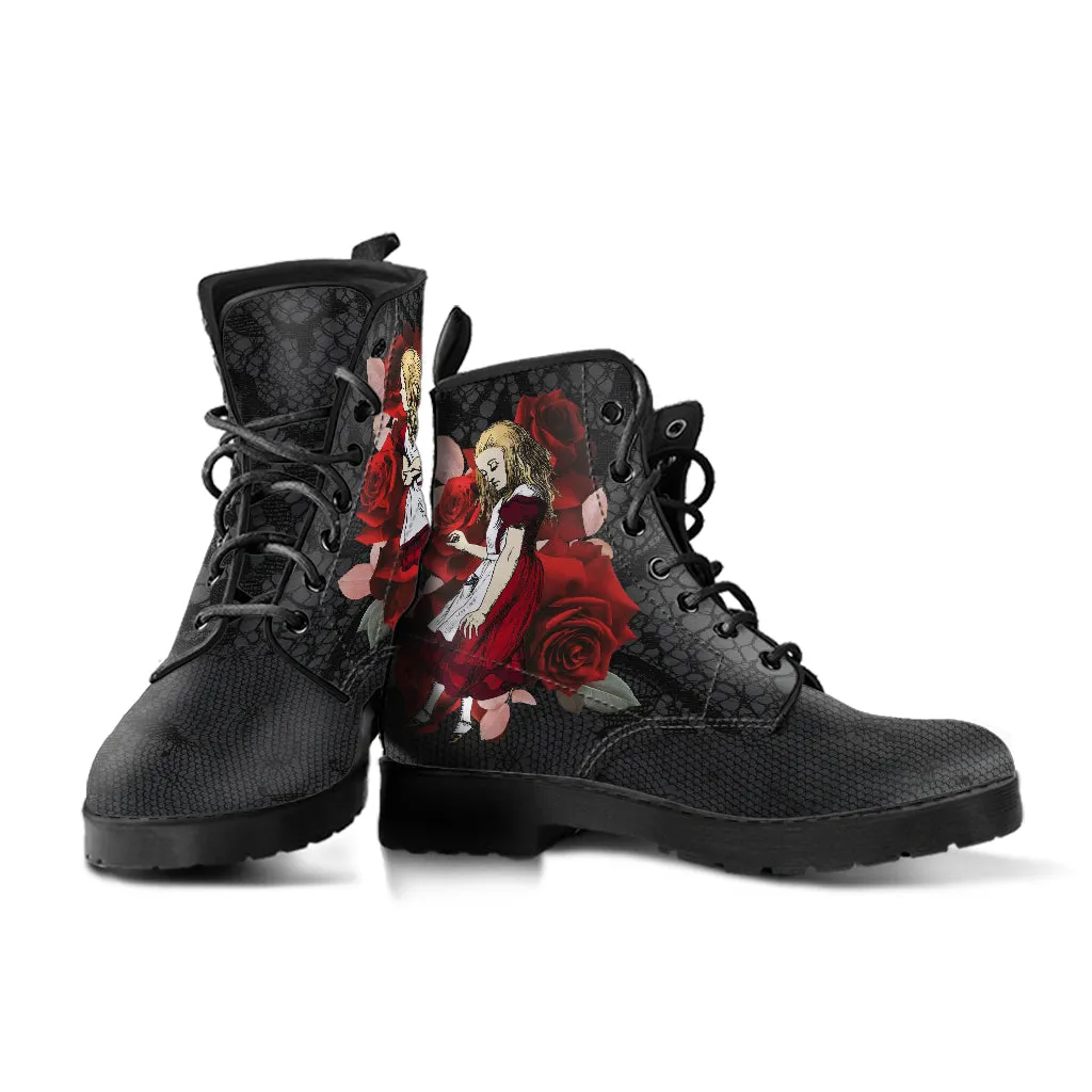 Combat Boots - Alice in Wonderland Gifts #35 Red Series, Black Lace Print | Birthday Gift Idea, Black Hipster Boots, Custom Shoes