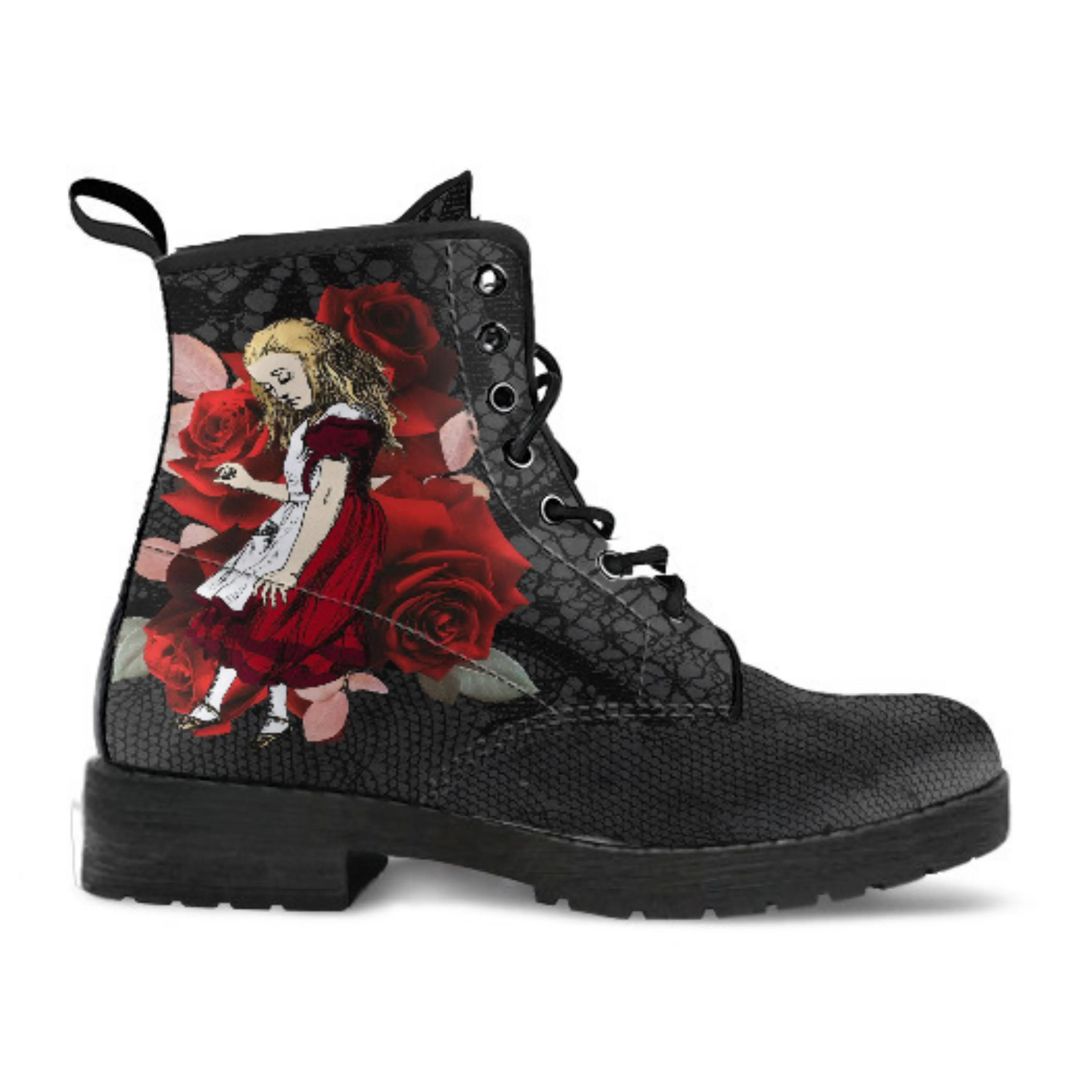 Combat Boots - Alice in Wonderland Gifts #35 Red Series, Black Lace Print | Birthday Gift Idea, Black Hipster Boots, Custom Shoes