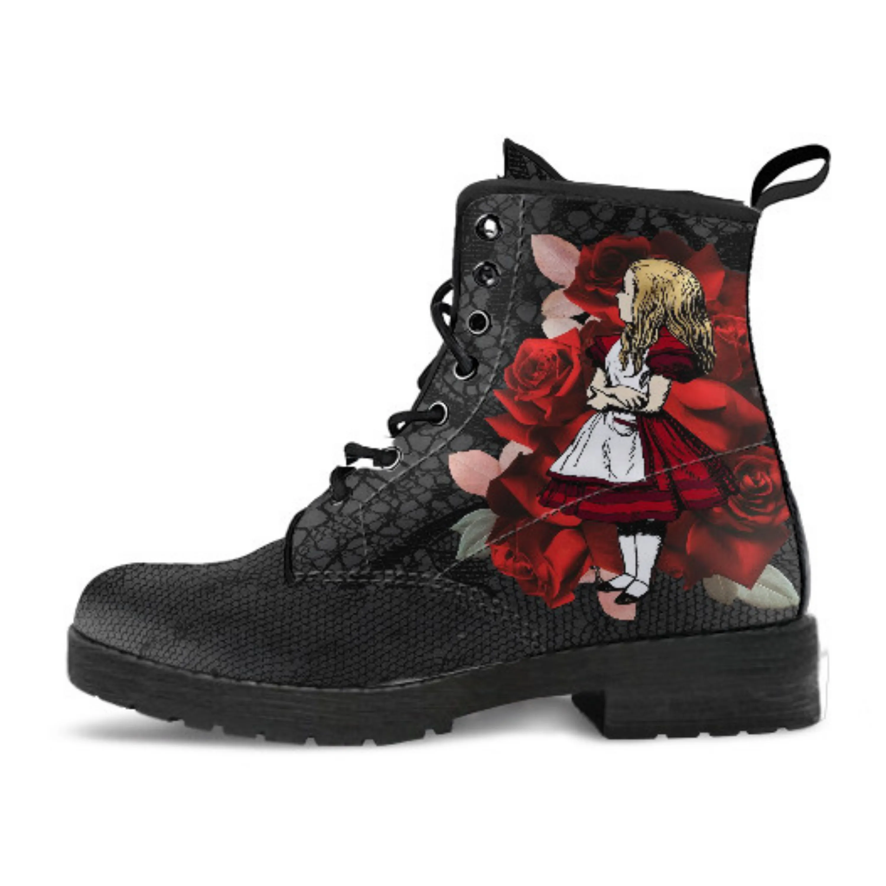 Combat Boots - Alice in Wonderland Gifts #35 Red Series, Black Lace Print | Birthday Gift Idea, Black Hipster Boots, Custom Shoes