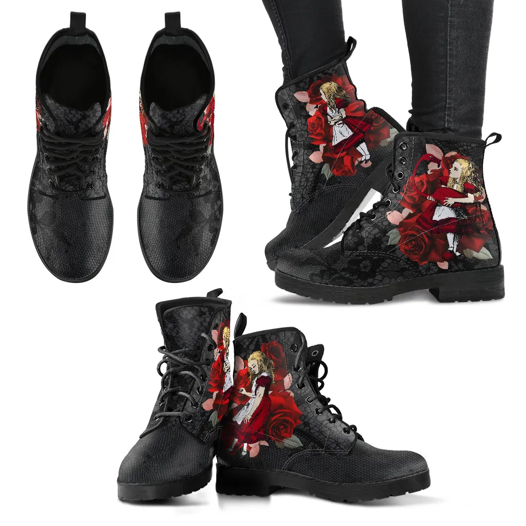 Combat Boots - Alice in Wonderland Gifts #35 Red Series, Black Lace Print | Birthday Gift Idea, Black Hipster Boots, Custom Shoes