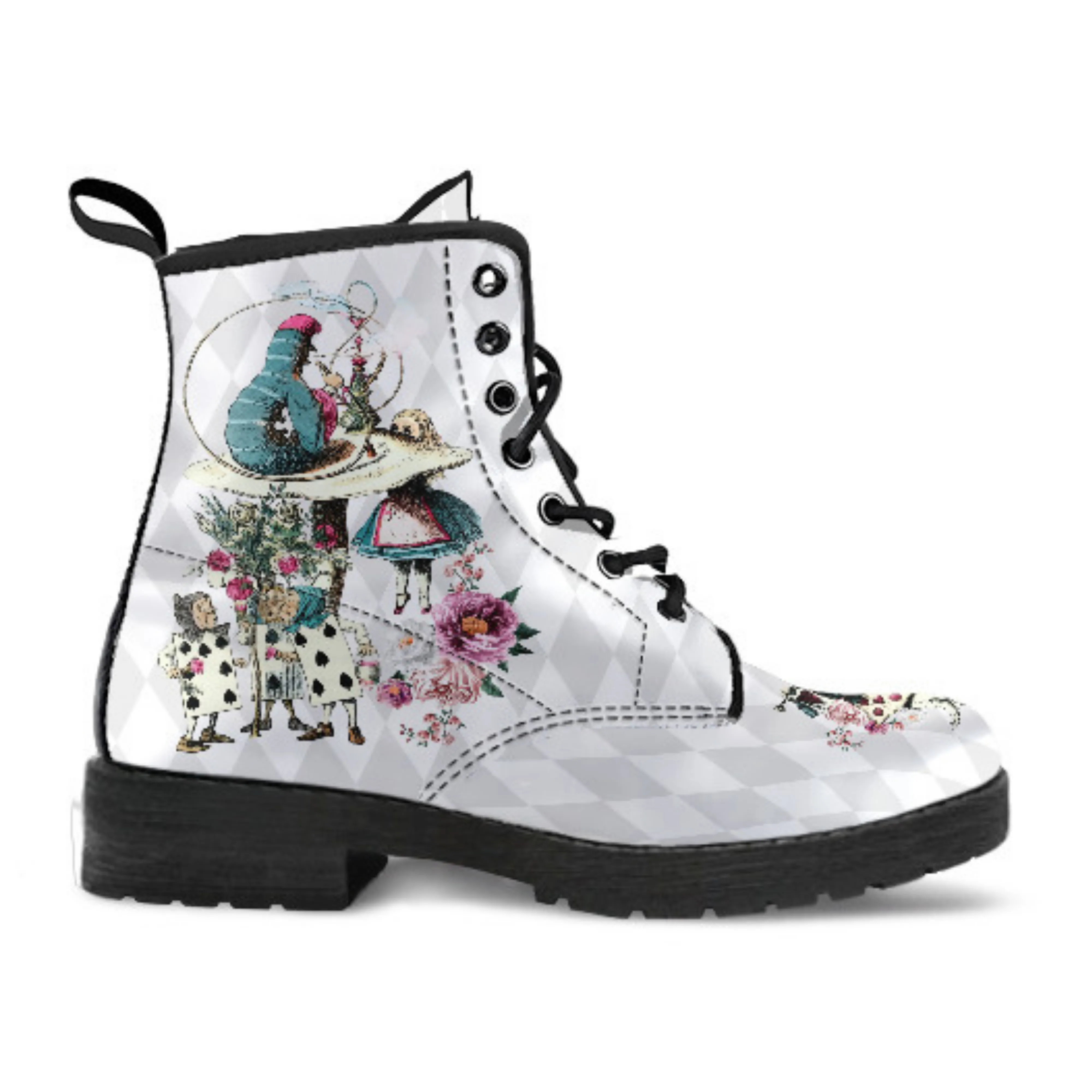 Combat Boots - Alice in Wonderland Gifts #41 Colorful Series | White Boots, Vegan Leather Custom Shoes