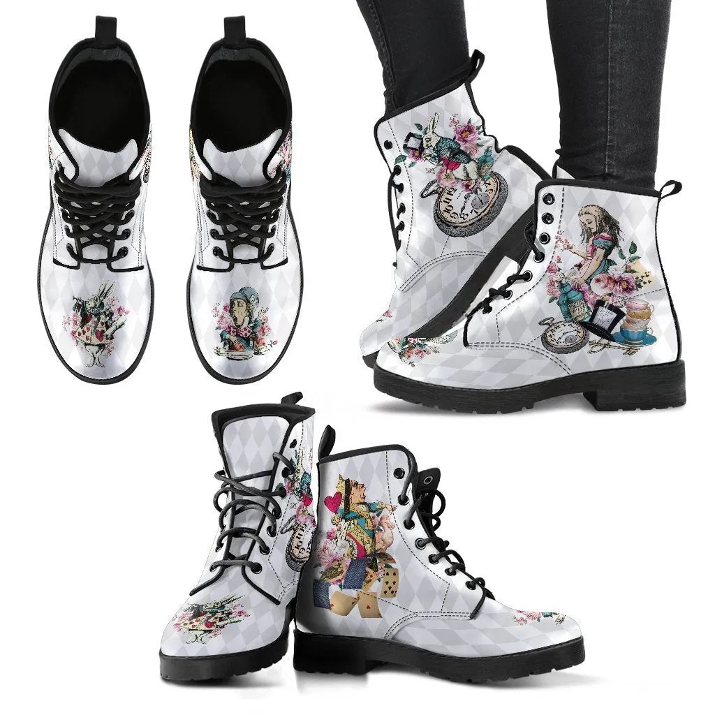 Combat Boots - Alice in Wonderland Gifts #41 Colorful Series | White Boots, Vegan Leather Custom Shoes
