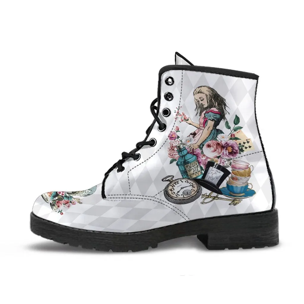 Combat Boots - Alice in Wonderland Gifts #41 Colorful Series | White Boots, Vegan Leather Custom Shoes
