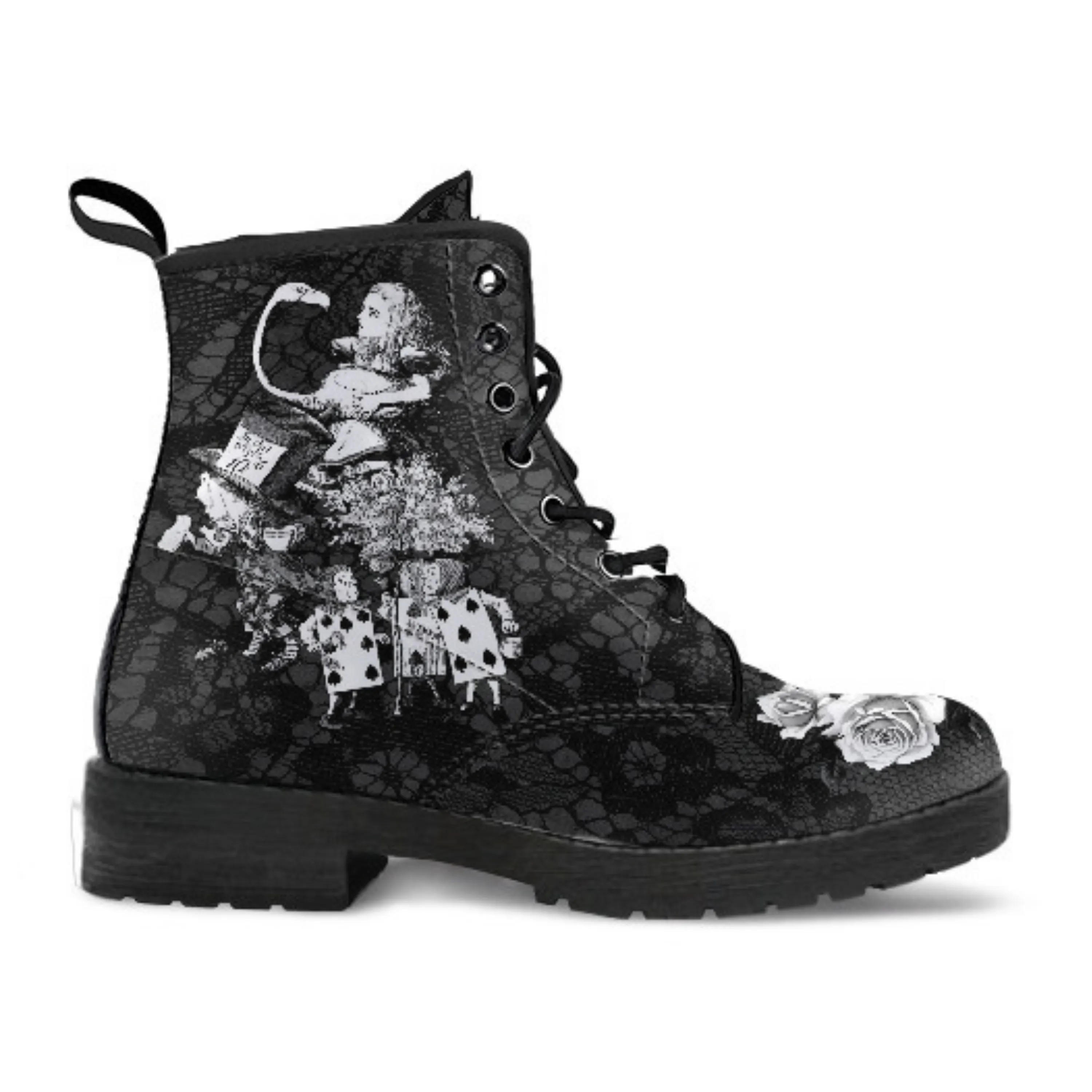 Combat Boots - Alice in Wonderland Gifts #52 Classic Series, Black Lace Print | Birthday Gifts, Gift Idea, Women's Boots, Custom Shoes