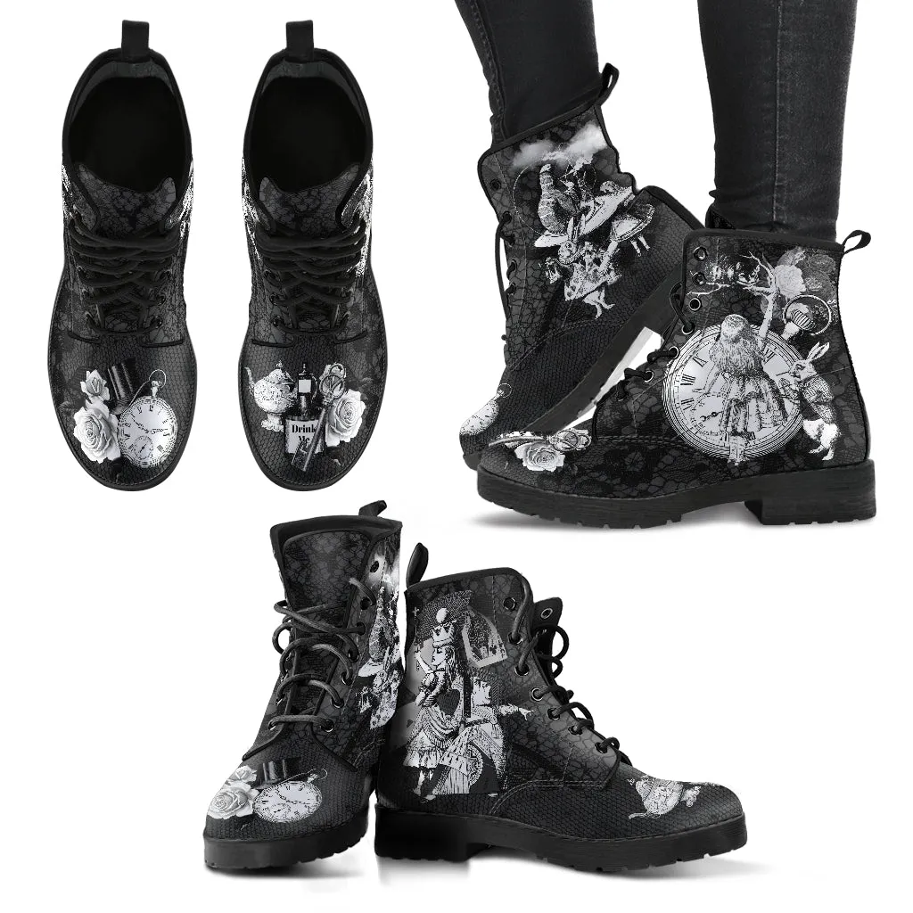 Combat Boots - Alice in Wonderland Gifts #52 Classic Series, Black Lace Print | Birthday Gifts, Gift Idea, Women's Boots, Custom Shoes