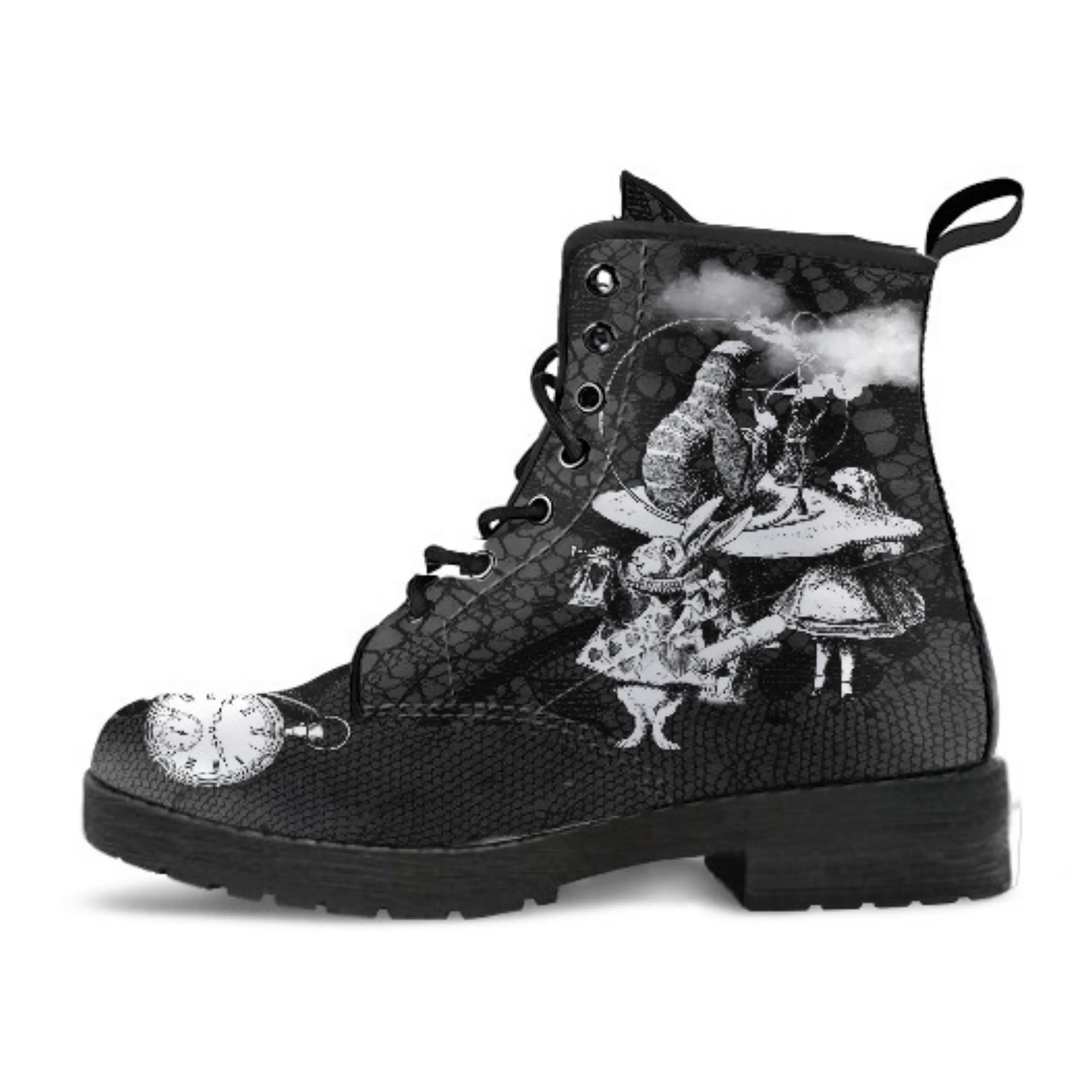 Combat Boots - Alice in Wonderland Gifts #52 Classic Series, Black Lace Print | Birthday Gifts, Gift Idea, Women's Boots, Custom Shoes