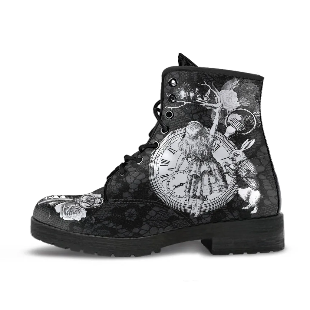Combat Boots - Alice in Wonderland Gifts #52 Classic Series, Black Lace Print | Birthday Gifts, Gift Idea, Women's Boots, Custom Shoes