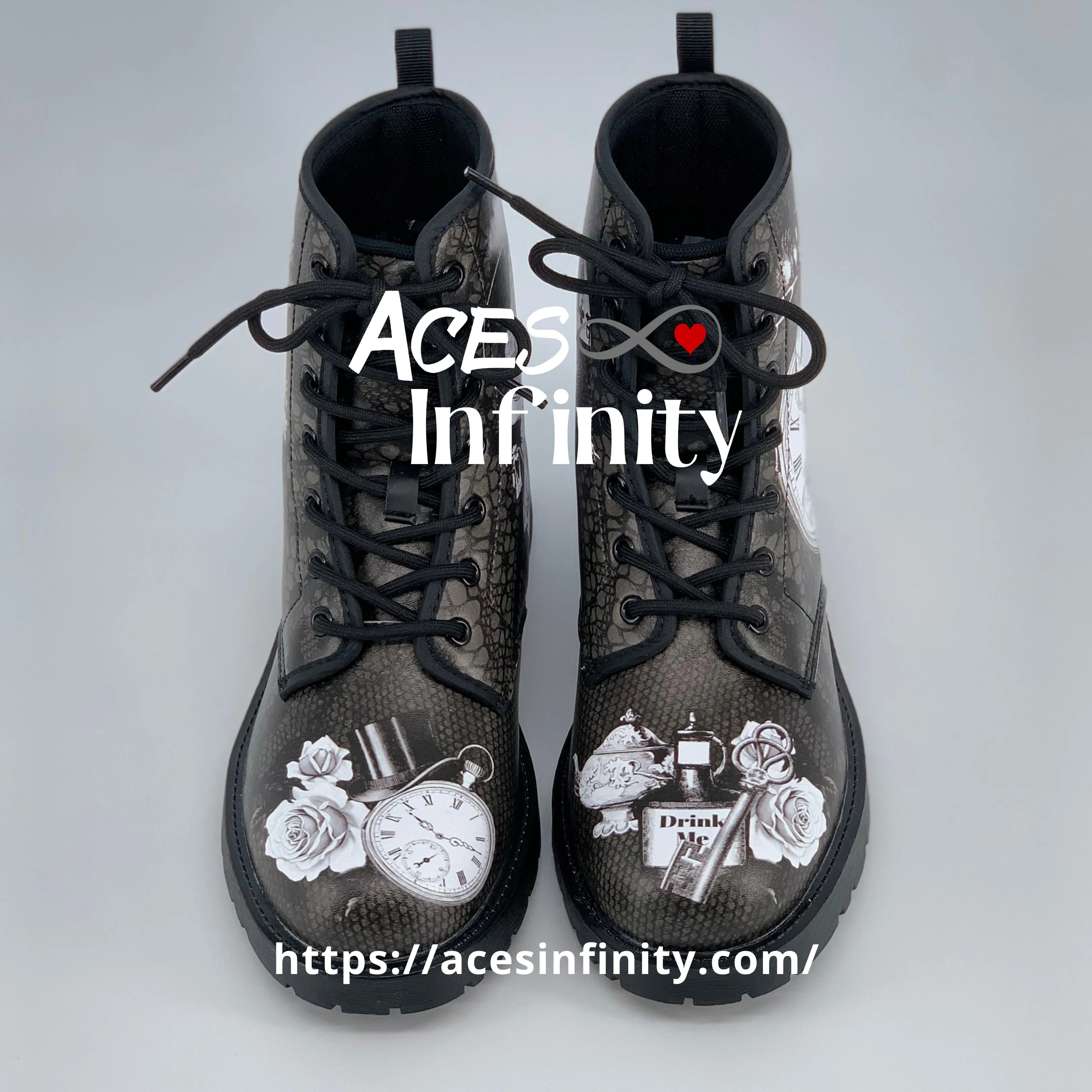 Combat Boots - Alice in Wonderland Gifts #52 Classic Series, Black Lace Print | Birthday Gifts, Gift Idea, Women's Boots, Custom Shoes