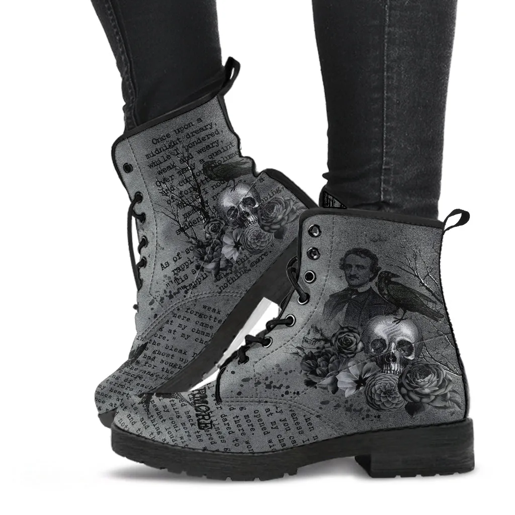 Combat Boots - Edgar Allan Poe Inspired #110 The Raven | Vegan Leather Handmade Lace Up, Custom Shoes Boho, Goth Witch Boots, Gothic Skull