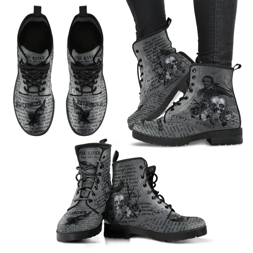 Combat Boots - Edgar Allan Poe Inspired #110 The Raven | Vegan Leather Handmade Lace Up, Custom Shoes Boho, Goth Witch Boots, Gothic Skull