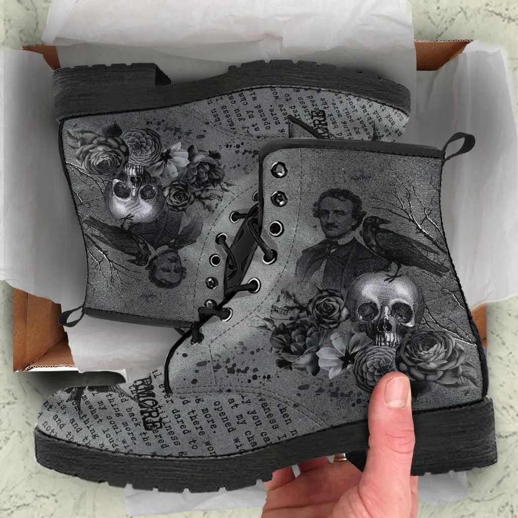 Combat Boots - Edgar Allan Poe Inspired #110 The Raven | Vegan Leather Handmade Lace Up, Custom Shoes Boho, Goth Witch Boots, Gothic Skull