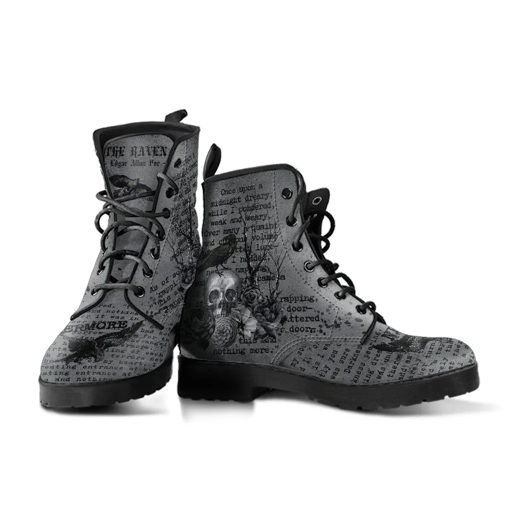 Combat Boots - Edgar Allan Poe Inspired #110 The Raven | Vegan Leather Handmade Lace Up, Custom Shoes Boho, Goth Witch Boots, Gothic Skull