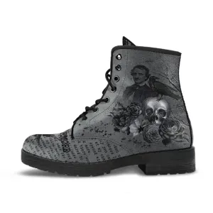 Combat Boots - Edgar Allan Poe Inspired #110 The Raven | Vegan Leather Handmade Lace Up, Custom Shoes Boho, Goth Witch Boots, Gothic Skull