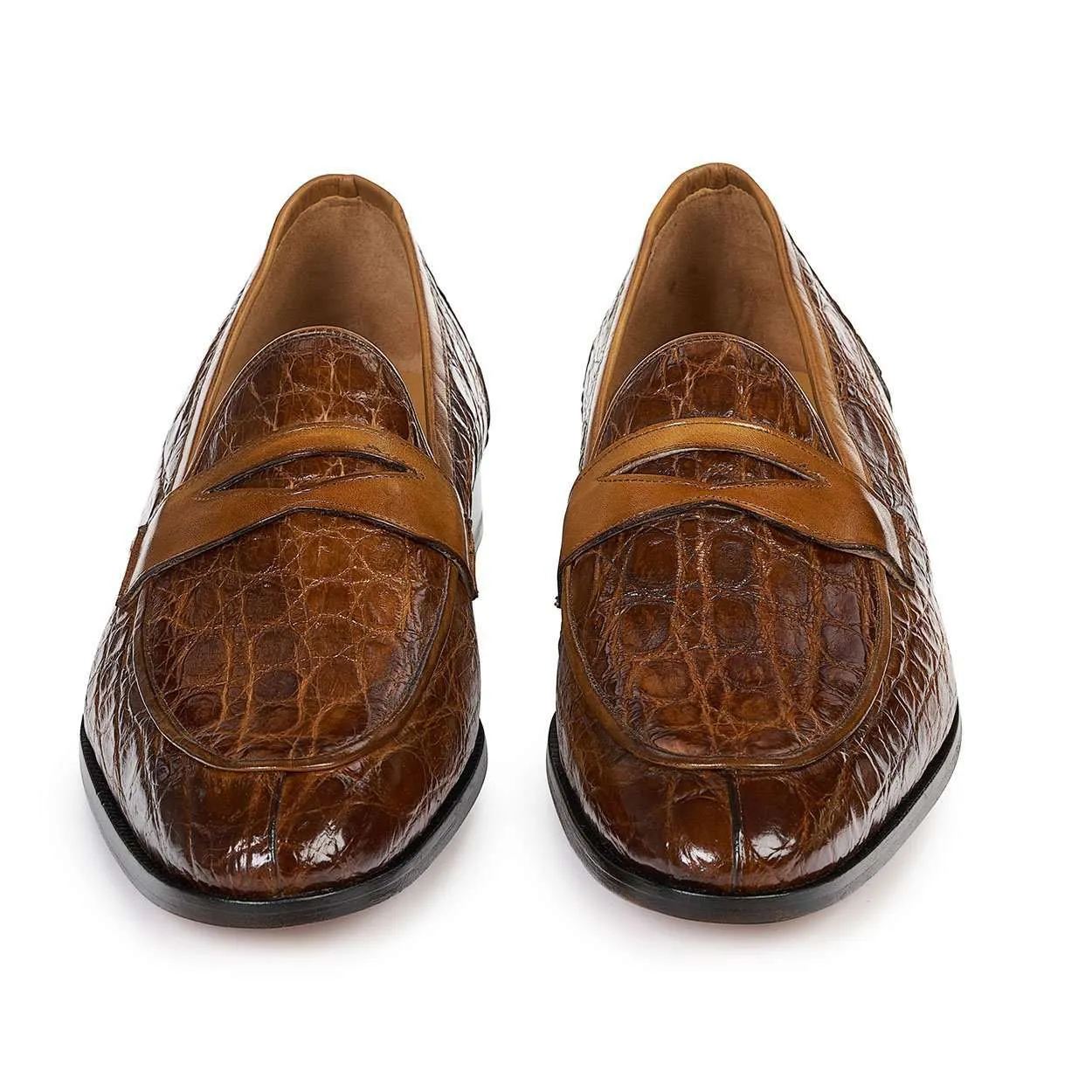 Mauri Designer Shoes Exotic Skin Men's Frassino Brandy Croco Flanks & Calf-skin Leather Loafers 4862 (MA4806)