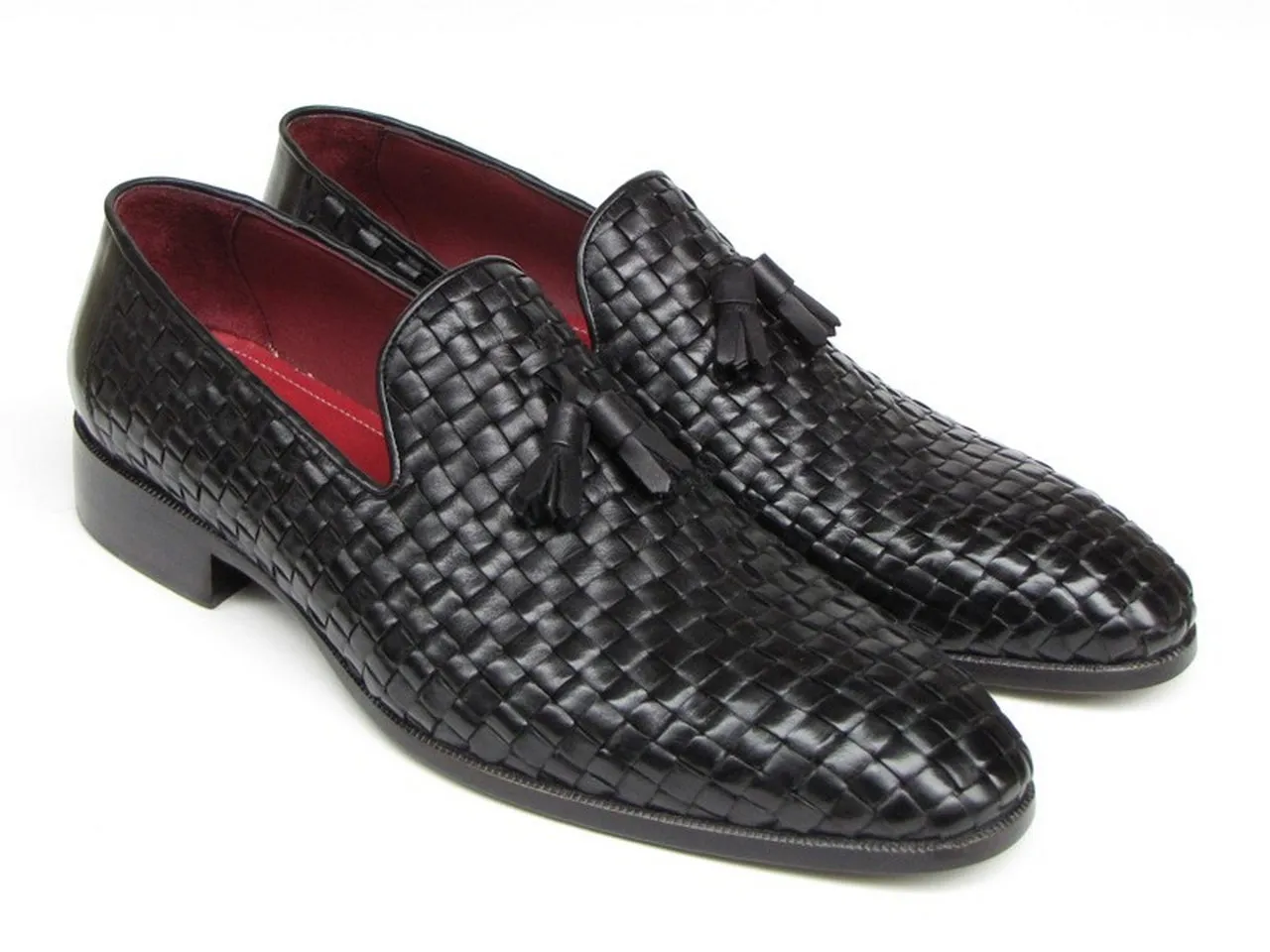 Paul Parkman Men's Tassel Loafer Black Woven Leather Shoes (Id#085)