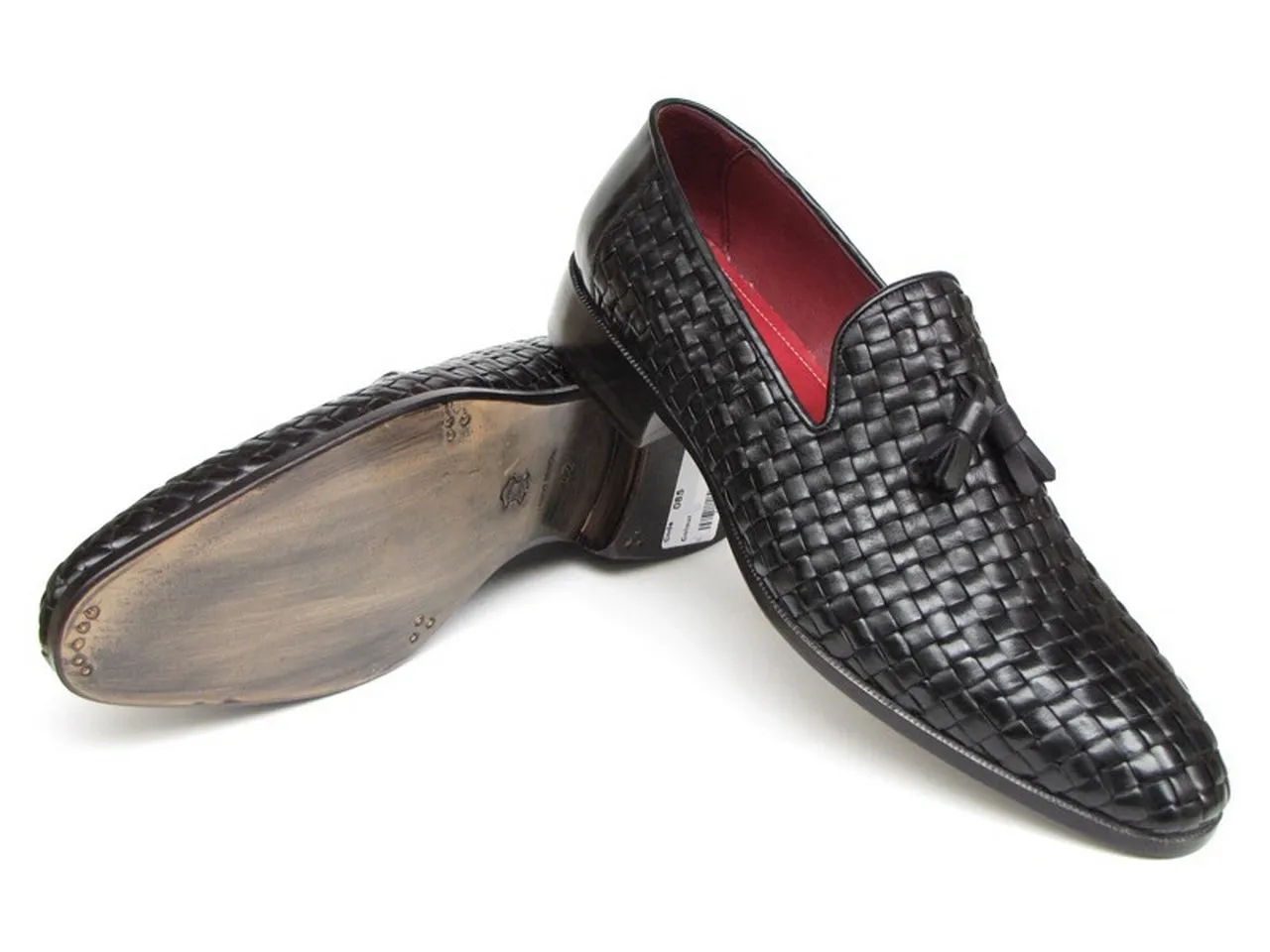 Paul Parkman Men's Tassel Loafer Black Woven Leather Shoes (Id#085)