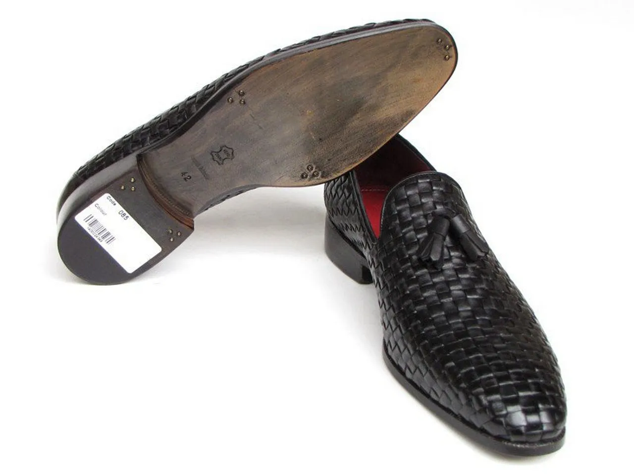 Paul Parkman Men's Tassel Loafer Black Woven Leather Shoes (Id#085)