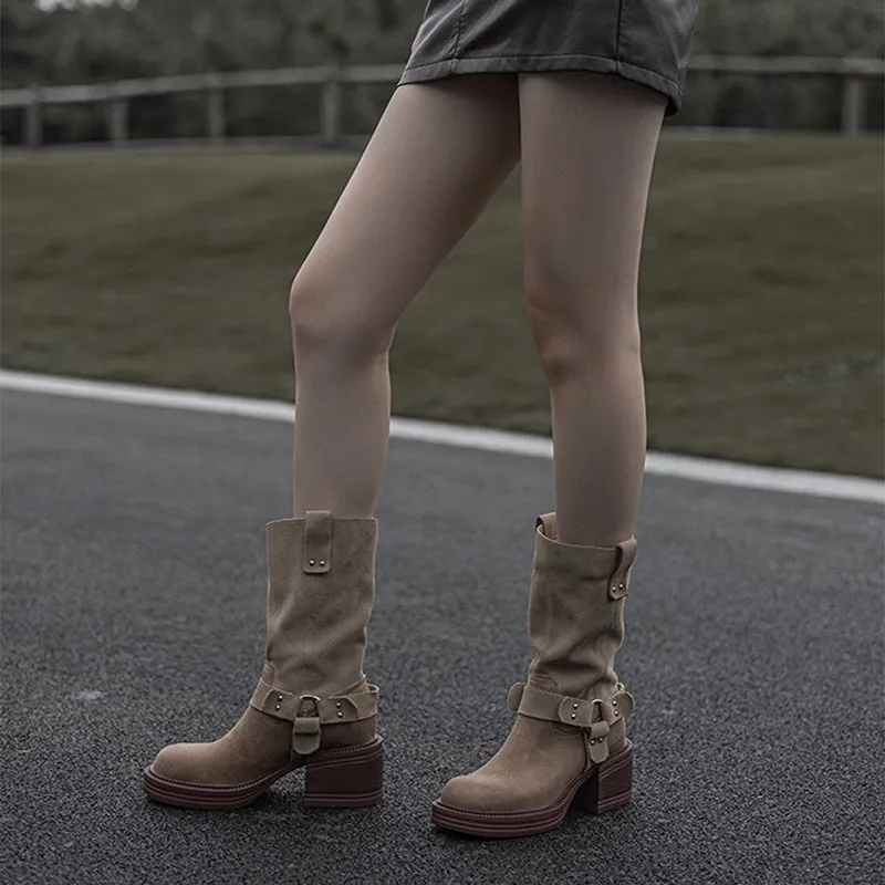 Women's Leather Western Boots Block Heel Mid Calf Boots for Autumn/Winter