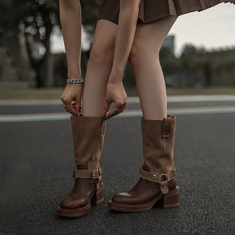 Women's Leather Western Boots Block Heel Mid Calf Boots for Autumn/Winter