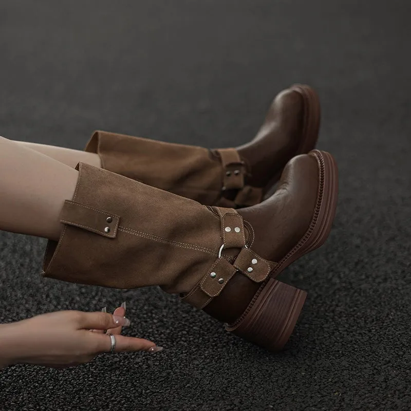 Women's Leather Western Boots Block Heel Mid Calf Boots for Autumn/Winter