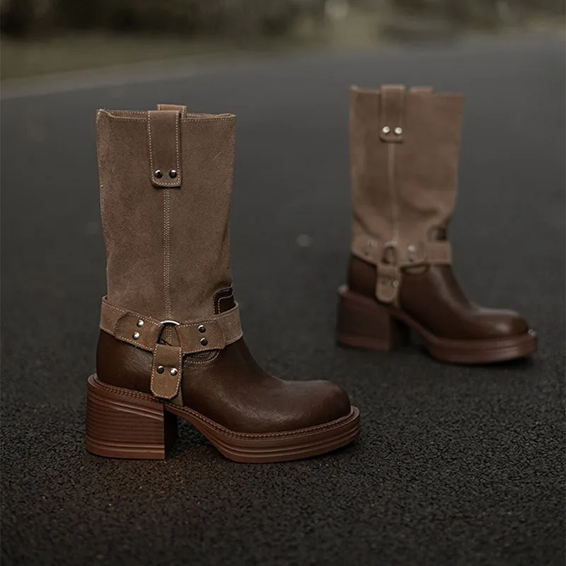 Women's Leather Western Boots Block Heel Mid Calf Boots for Autumn/Winter
