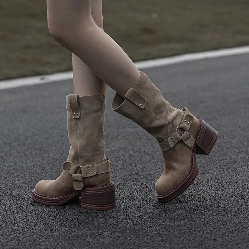 Women's Leather Western Boots Block Heel Mid Calf Boots for Autumn/Winter